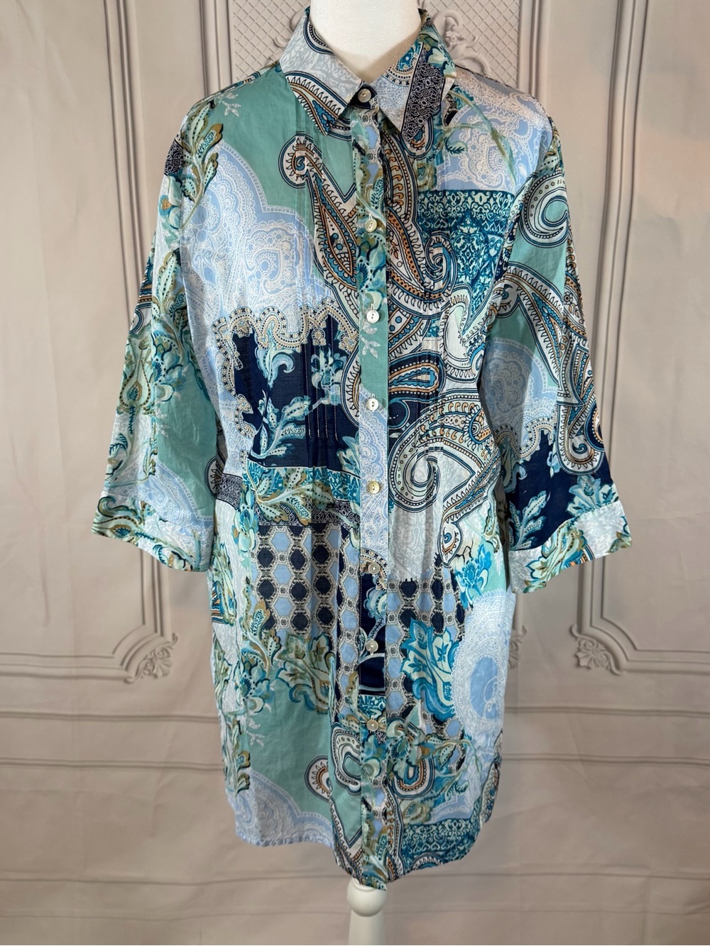 Chico’s Blue Paisley Patchwork Sheer Swim Cover Up Dress 1 M 8/10 Coastal Boho